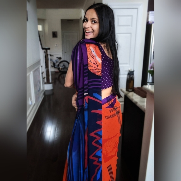 Other - 'Niltava' Saree Collection Orange/Purple Printed Gorgette Saree Stitched Blouse